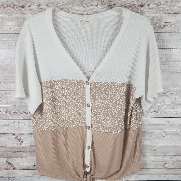 Above And Beyond Tops - Women's White and Tan Button-Down Top